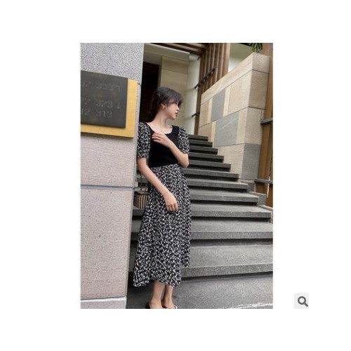SZESTU碎花连衣裙女夏季2021新款收腰拼接法式复古方领泡泡袖长裙图2