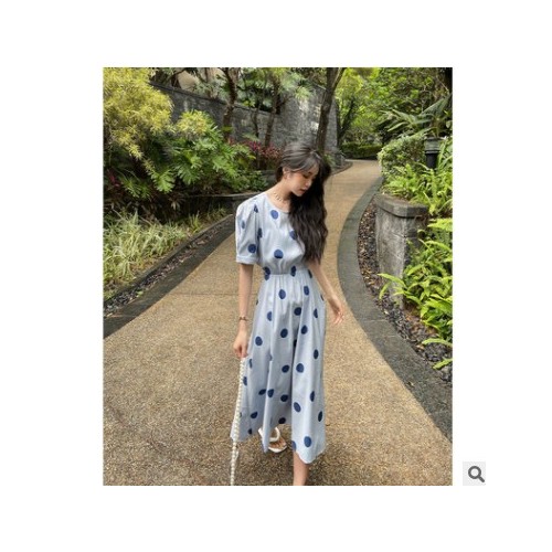 SZESTU波点连衣裙女装2021夏季新款韩版收腰显瘦泡泡袖露背长裙子图3