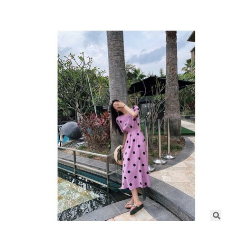 SZESTU波点连衣裙女装2021夏季新款韩版收腰显瘦泡泡袖露背长裙子图1