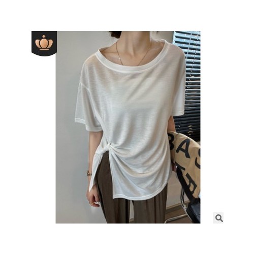 SZESTU短袖t恤女装夏季2021新款薄设计感ins韩版宽松褶皱开叉上衣图2