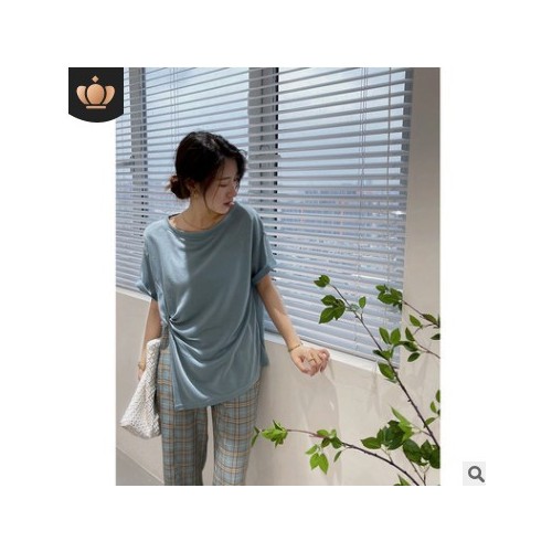 SZESTU短袖t恤女装夏季2021新款薄设计感ins韩版宽松褶皱开叉上衣图1