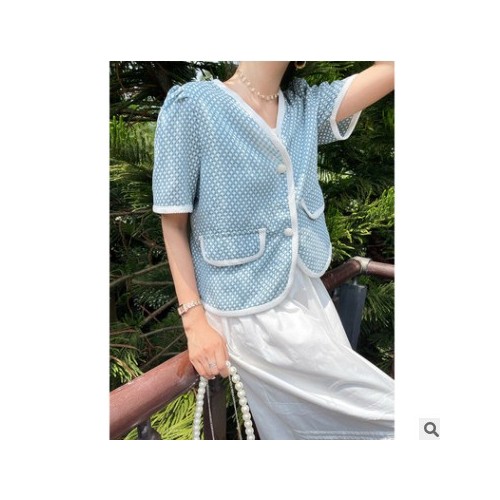 SZESTU十三行小香风短外套女装2021夏季新款薄ins潮v领泡泡袖上衣图3
