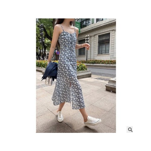 SZESTU十三行吊带连衣裙女装夏季2021新款收腰开叉气质长裙碎花裙图3