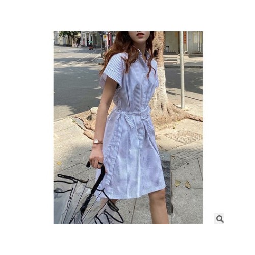 SZESTU十三行连衣裙女装夏季2021新款韩版收腰显瘦休闲条纹衬衫裙图2