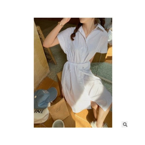 SZESTU十三行连衣裙女装夏季2021新款韩版收腰显瘦休闲条纹衬衫裙图3