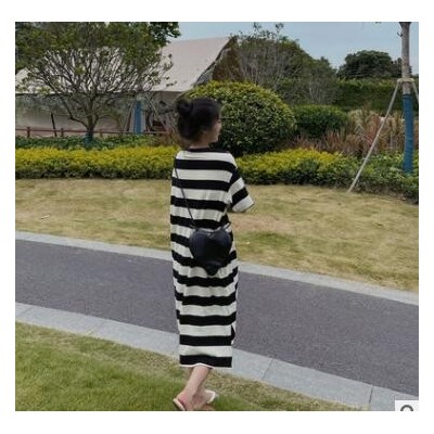 SZE STU条纹连衣裙女装夏季2021新款韩版宽松开叉长裙休闲t恤裙子