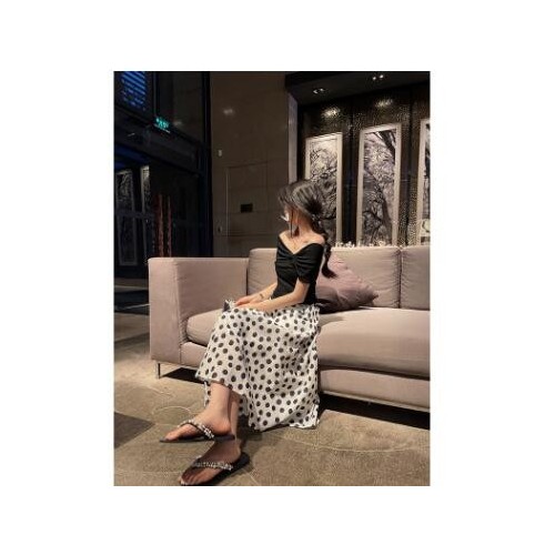 SZE STU波点半身裙女装夏季2021新款褶皱高腰长裙显瘦伞裙a字裙子图3
