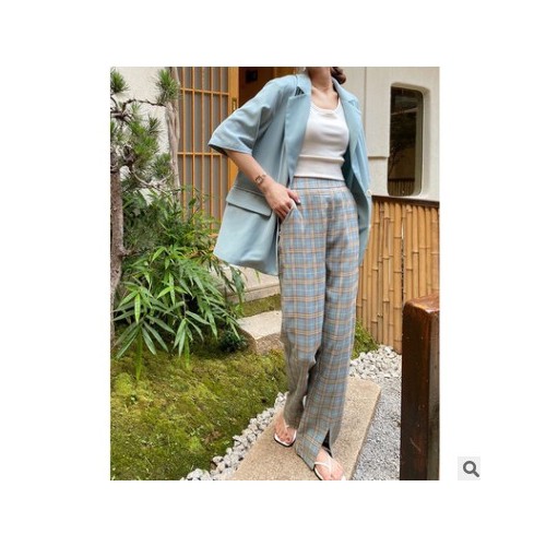 SZESTU开叉阔腿裤女夏季2021新款高腰垂感直筒宽松显瘦休闲格子裤图2