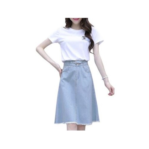 连衣裙女夏小清新套装裙子2021新款洋气减龄高腰牛仔半身裙两件套图3
