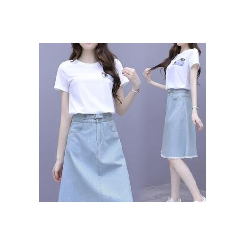 连衣裙女夏小清新套装裙子2021新款洋气减龄高腰牛仔半身裙两件套图1