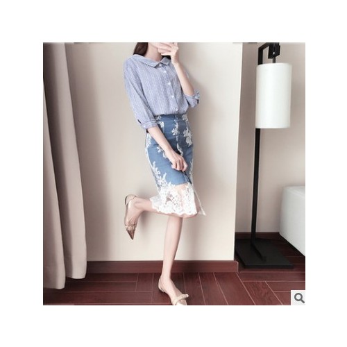 2021新款女装春装衬衫配裙子两件套蕾丝牛仔裙小清新时髦套装图3