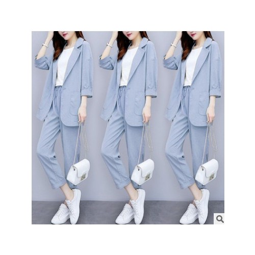 网红小西装外套女春季薄款2021韩版宽松休闲仿棉麻亚麻西服套装女图1
