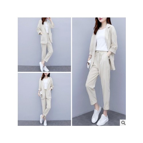 网红小西装外套女春季薄款2021韩版宽松休闲仿棉麻亚麻西服套装女图3