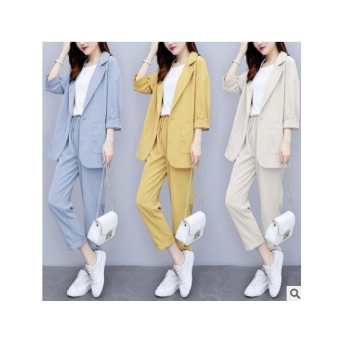 网红小西装外套女春季薄款2021韩版宽松休闲仿棉麻亚麻西服套装女图2