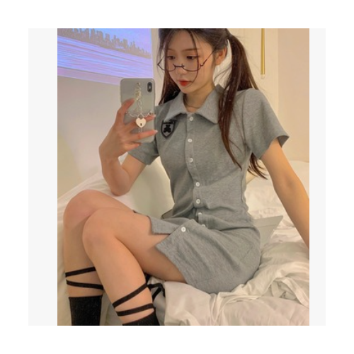 纯色连衣裙2021年新款夏韩版女装法式气质裙可爱小熊polo领收腰裙图1