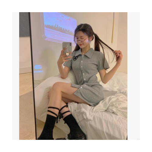 纯色连衣裙2021年新款夏韩版女装法式气质裙可爱小熊polo领收腰裙图2