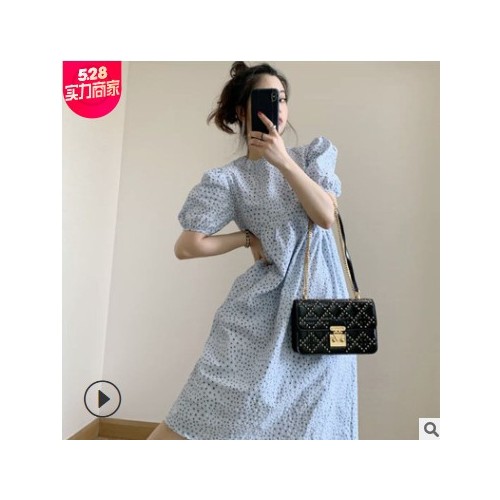 蓝色波点连衣裙子法式复古显瘦冷淡风女装感夏季新款仙女长裙图1