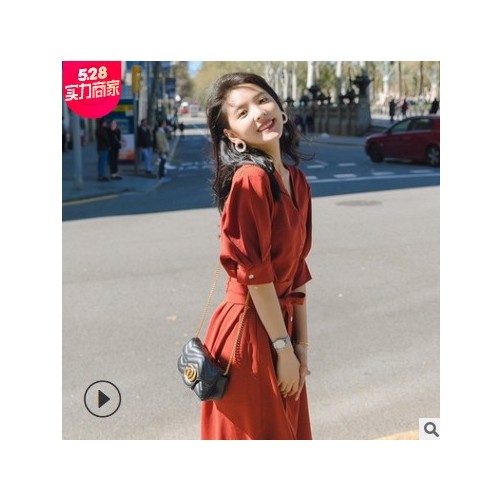 法式复古气质衬衫连衣裙女夏2021新款收腰显瘦小个子初恋桔梗裙子图2
