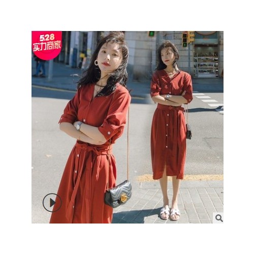 法式复古气质衬衫连衣裙女夏2021新款收腰显瘦小个子初恋桔梗裙子图1