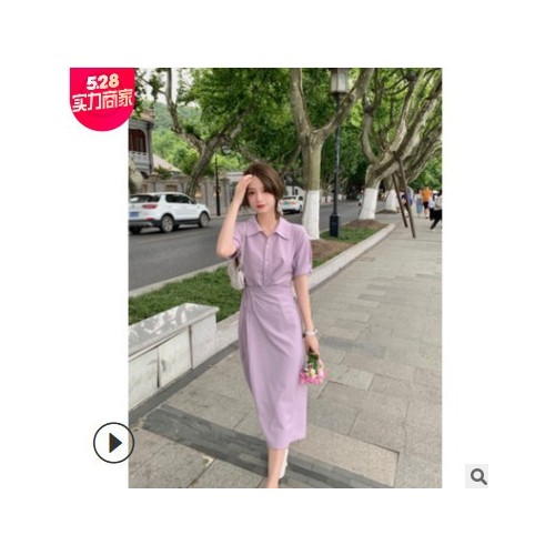 2021夏季新款女装泡泡袖炸街长裙子温柔风法式复古紫色衬衫连衣裙图3