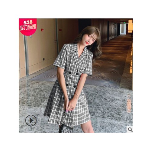 2021夏季新款小清新双排扣收腰显瘦西装领格子气质短袖连衣裙女图1