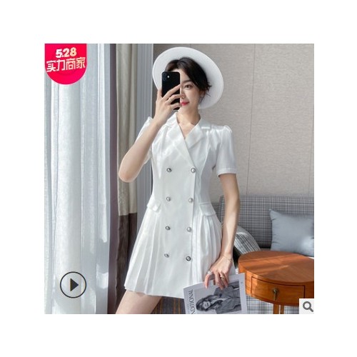 白色西装连衣裙女2021春夏装新款韩版收腰气质泡泡袖法式减龄裙子图3