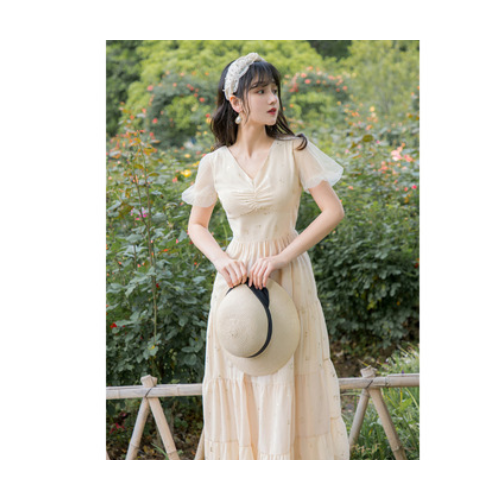 2020夏装新款超仙长裙初恋森系法式泡泡袖甜美仙女V领连衣裙 代发图1