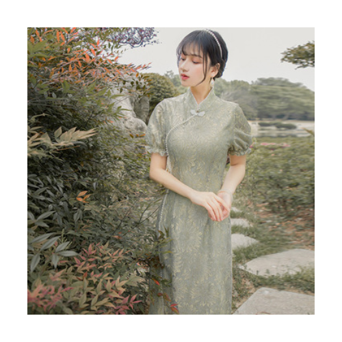 实拍珍珠镶边翡翠绿气质旗袍改良版超修身连衣裙女高腰泡泡袖长裙图1