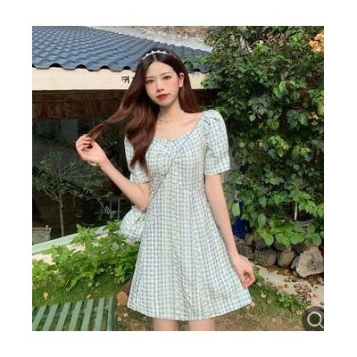格子黄色连衣裙夏季韩版2021新款法式收腰小个子A字短袖裙子女装