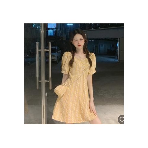 格子黄色连衣裙夏季韩版2021新款法式收腰小个子A字短袖裙子女装图3