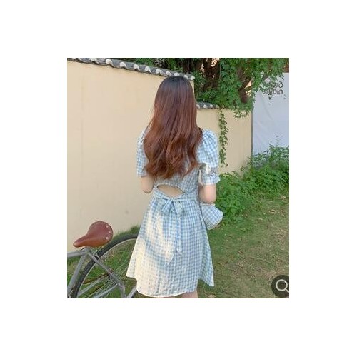 格子黄色连衣裙夏季韩版2021新款法式收腰小个子A字短袖裙子女装图2