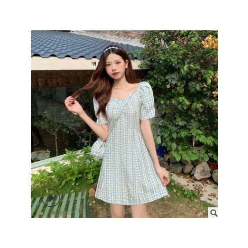 格子黄色连衣裙夏季韩版2021新款法式收腰小个子A字短袖裙子女装图2