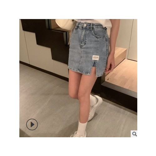 牛仔半身裙女装高腰显瘦a字短裙2021夏季新款卡其色开叉包臀裙子图2