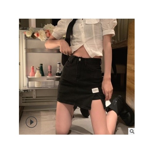牛仔半身裙女装高腰显瘦a字短裙2021夏季新款卡其色开叉包臀裙子