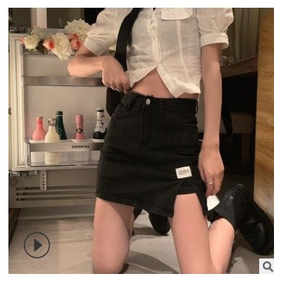 牛仔半身裙女装高腰显瘦a字短裙2021夏季新款卡其色开叉包臀裙子