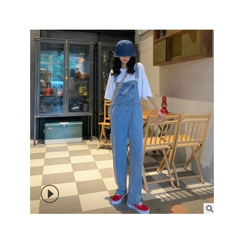 小个子牛仔背带裤女夏天薄款韩版宽松显瘦春秋新款浅色直筒阔腿裤图2