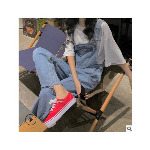 小个子牛仔背带裤女夏天薄款韩版宽松显瘦春秋新款浅色直筒阔腿裤