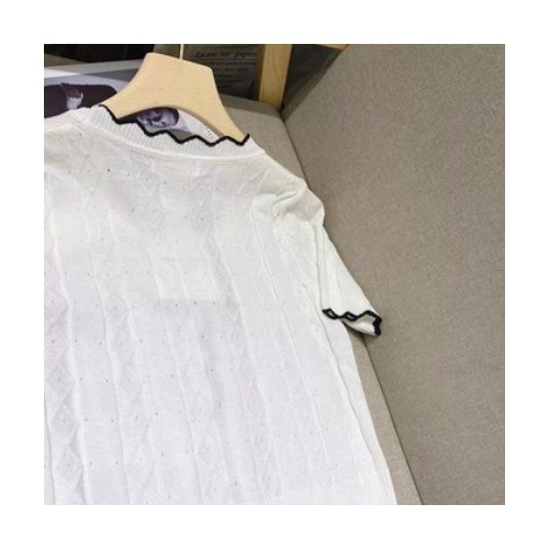 钱夫人家雪梨定制 撞色V领针织衫女夏季新款修身显瘦百搭短袖上衣图2