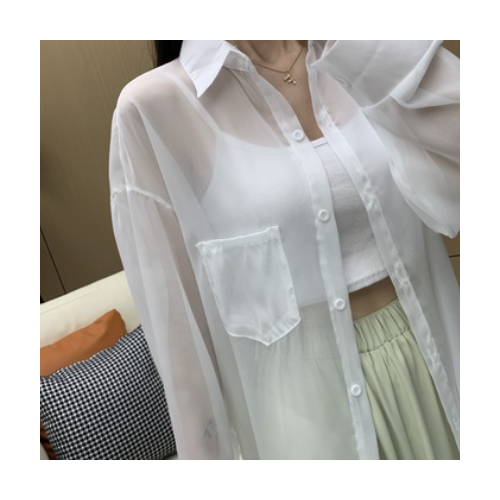 2021夏季新款设计感小众长袖白色衬衫女时尚防晒开衫薄款雪纺上衣图1