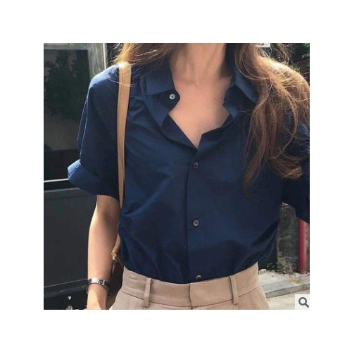 【现货】2021年夏季新款韩国东大门简约气质小翻领短袖直筒衬衫女图3