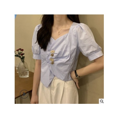 不规则领短款白衬衫女士设计感小众2021新款泡泡短袖上衣服图1