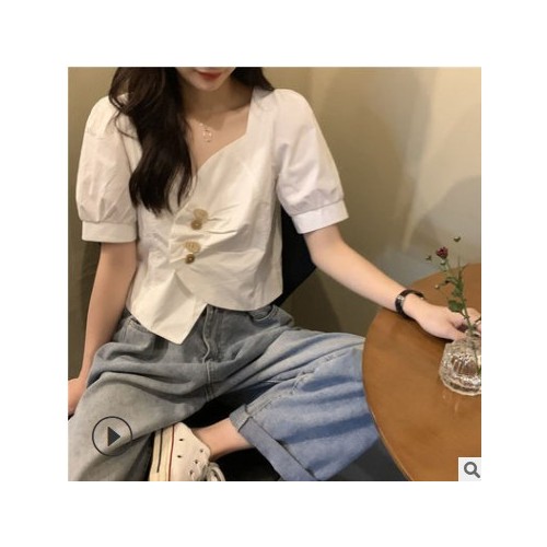 不规则领短款白衬衫女士设计感小众2021新款泡泡短袖上衣服图3