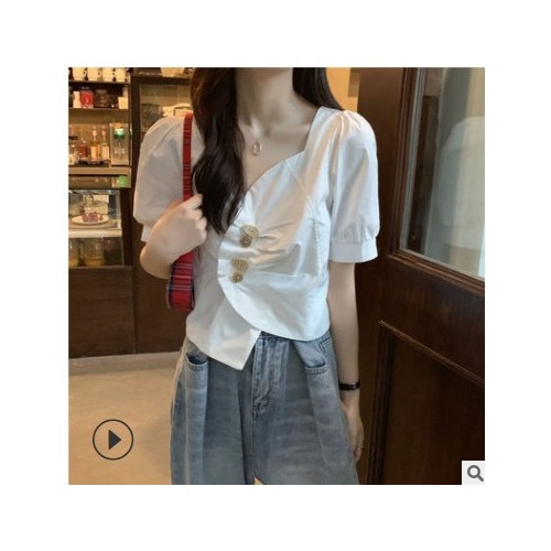 不规则领短款白衬衫女士设计感小众2021新款泡泡短袖上衣服图2