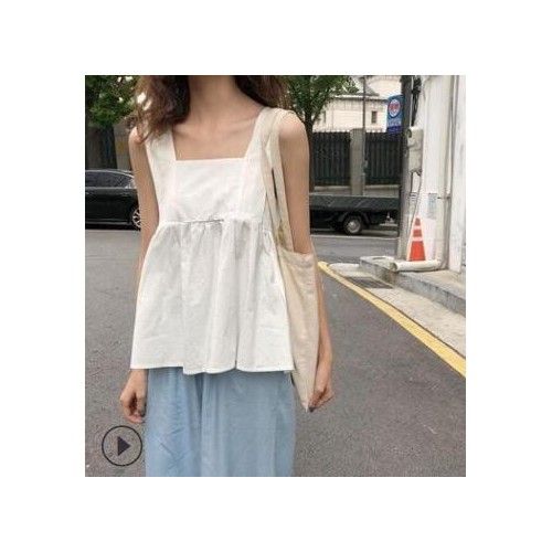 韩范小清新纯色方领俏皮娃娃衫夏季气质减龄无袖短款小吊带女上衣图3