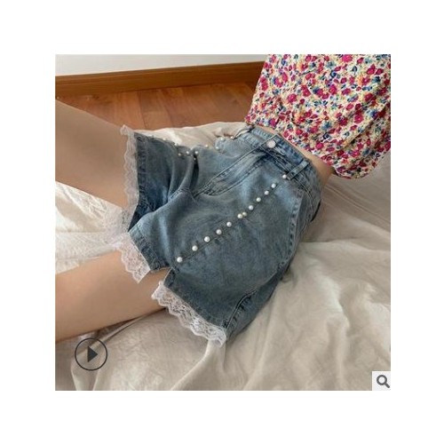 蕾丝拼接牛仔裤女高腰显瘦百搭阔腿夏季新款韩版开叉设计感短裤潮图3