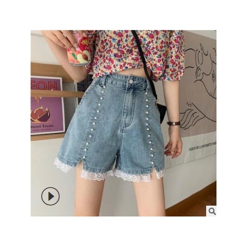 蕾丝拼接牛仔裤女高腰显瘦百搭阔腿夏季新款韩版开叉设计感短裤潮图2