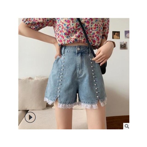蕾丝拼接牛仔裤女高腰显瘦百搭阔腿夏季新款韩版开叉设计感短裤潮图1