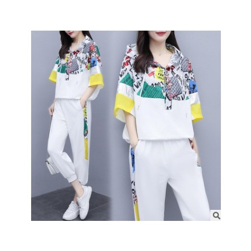 欧洲站2021夏季新款短袖休闲运动两件套宽松洋气时尚显瘦套装女图3