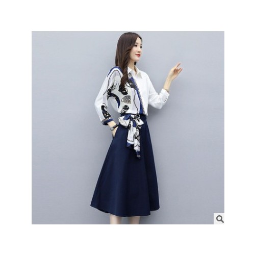 时尚印花气质轻熟连衣裙2021年春季新款女装春秋衬衫裙子两件套装图2