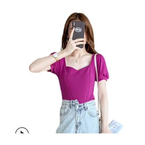 实拍 网红修身短袖t恤女夏季2021年新款泡泡袖方领设计感小众上衣图2